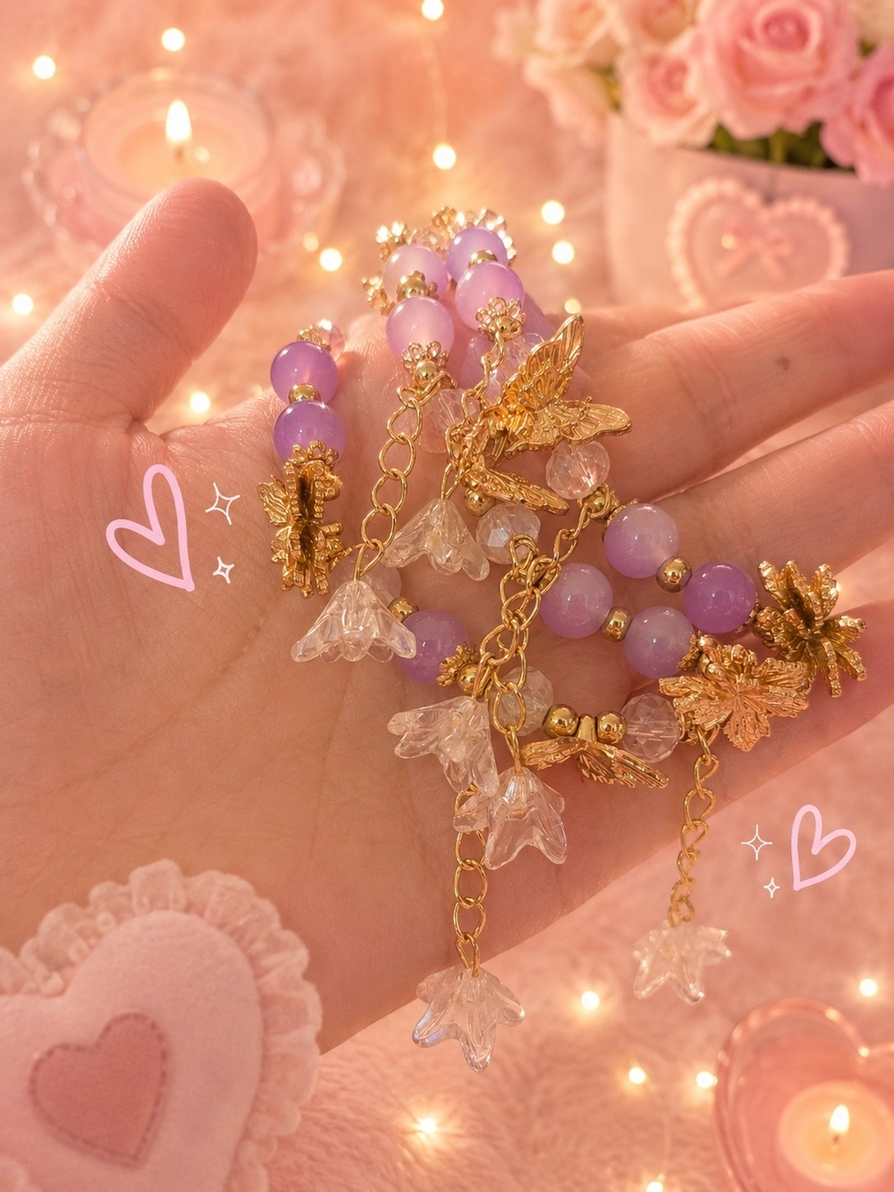 3 Glass Gold & Lavender Beaded Charm Bracelet - Elegant Floral Dangle - Picture 1 of 1